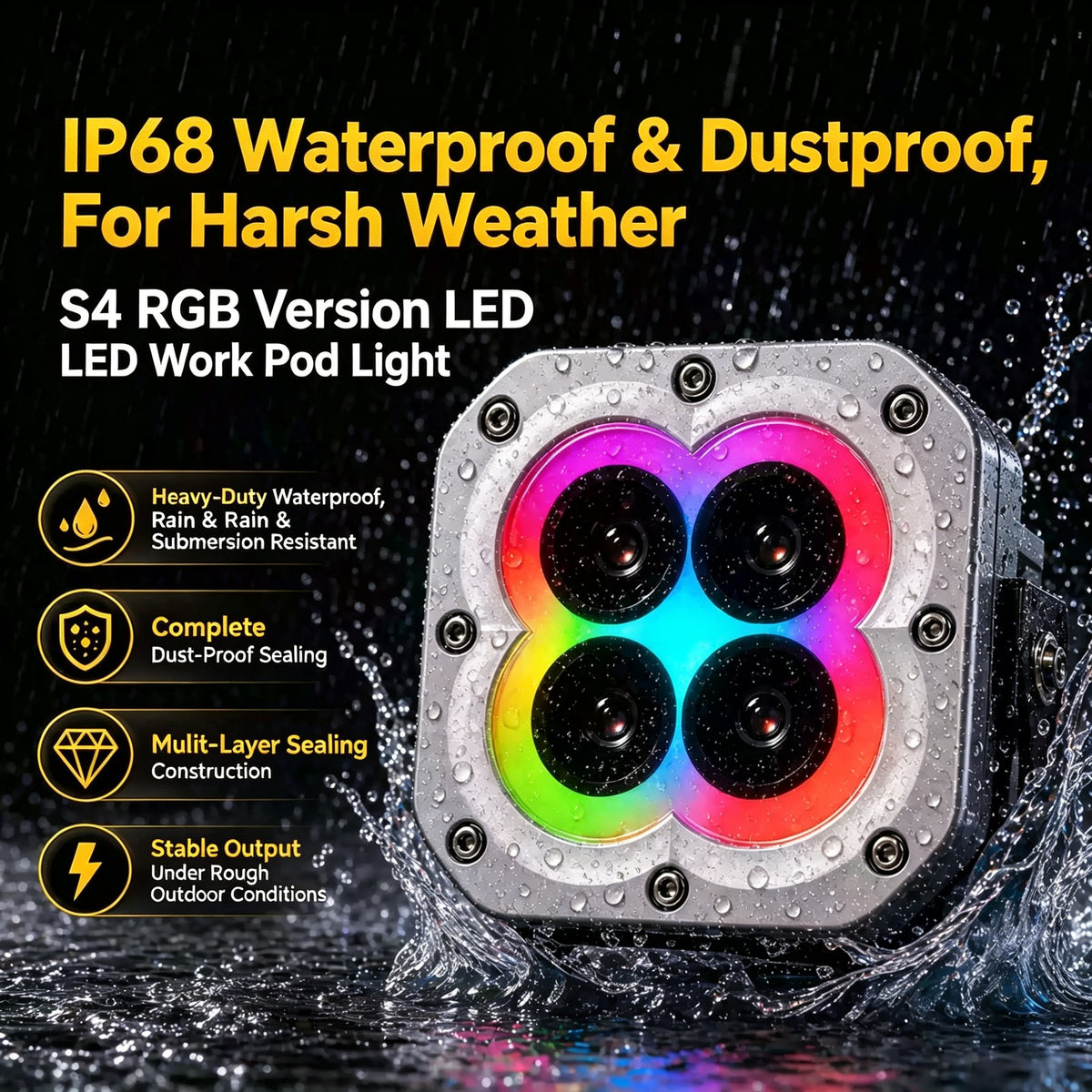 مصابيح القيادة المساعدة S4 RGB LED مقاس 4 بوصات بقوة 440 واط | شعاع كاشف IP68 | التحكم عبر تطبيق البلوتوث