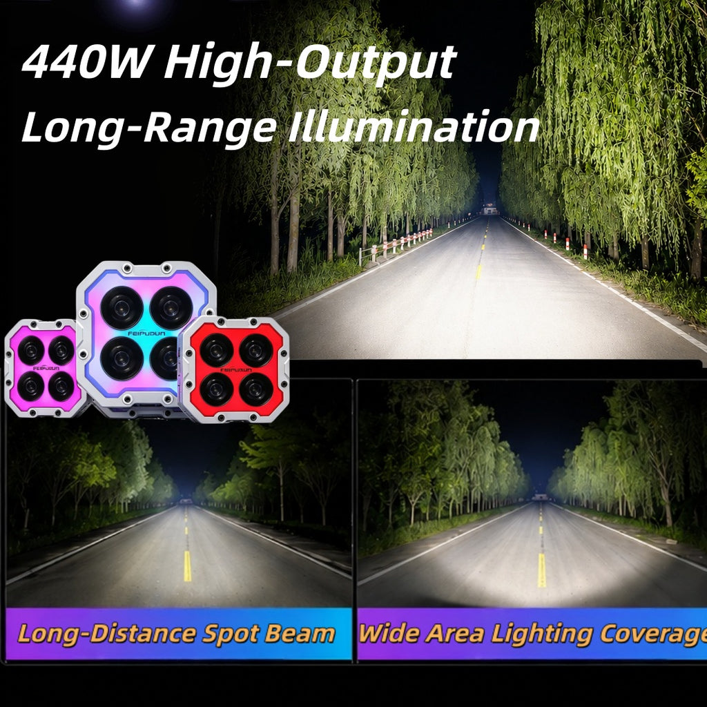 مصابيح القيادة المساعدة S4 RGB LED مقاس 4 بوصات بقوة 440 واط | شعاع كاشف IP68 | التحكم عبر تطبيق البلوتوث