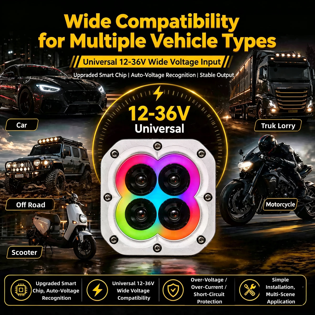 مصابيح القيادة المساعدة S4 RGB LED مقاس 4 بوصات بقوة 440 واط | شعاع كاشف IP68 | التحكم عبر تطبيق البلوتوث