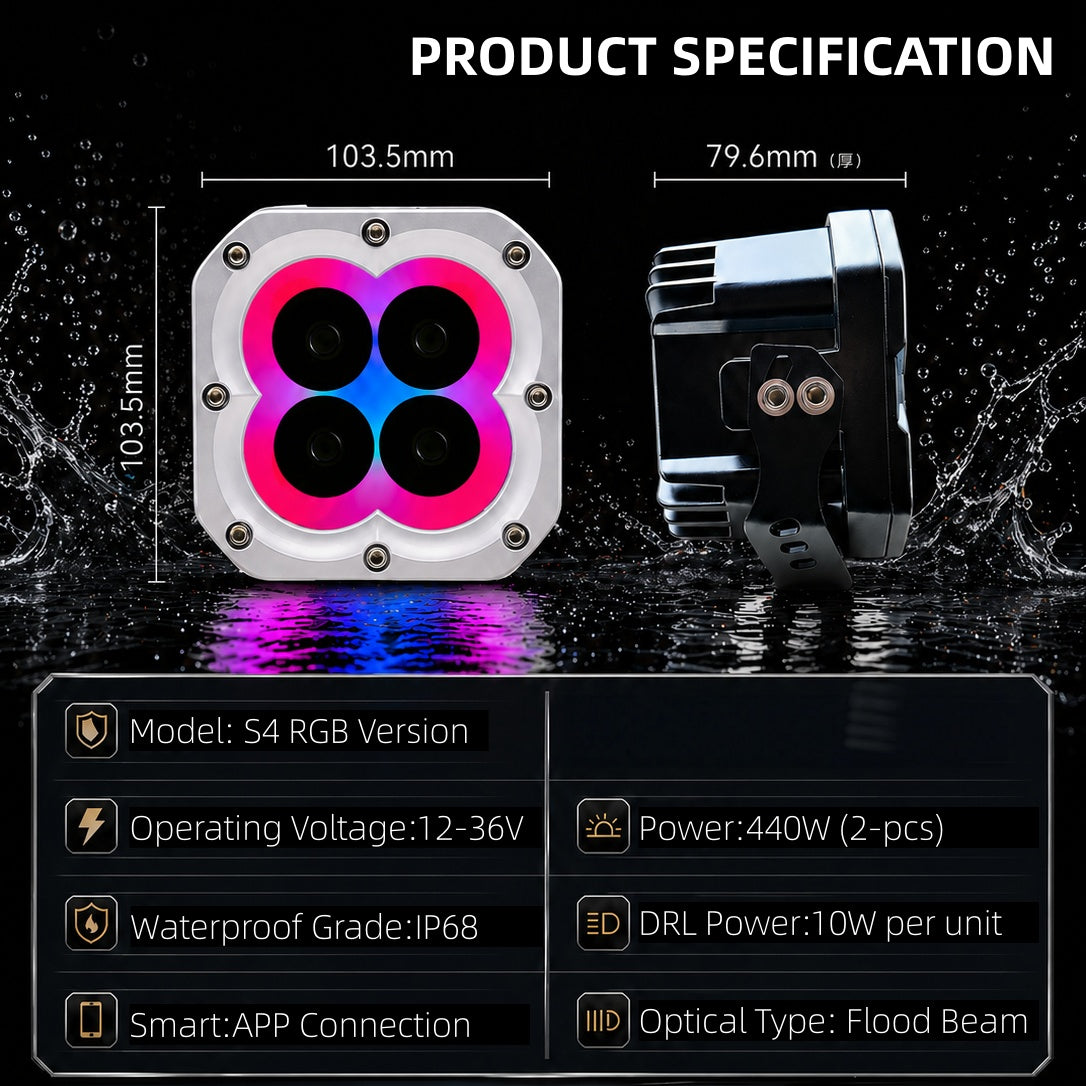 مصابيح القيادة المساعدة S4 RGB LED مقاس 4 بوصات بقوة 440 واط | شعاع كاشف IP68 | التحكم عبر تطبيق البلوتوث