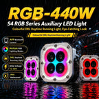 مصابيح القيادة المساعدة S4 RGB LED مقاس 4 بوصات بقوة 440 واط | شعاع كاشف IP68 | التحكم عبر تطبيق البلوتوث