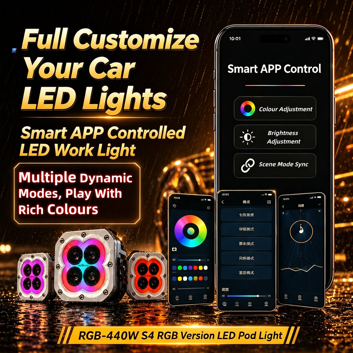 مصابيح القيادة المساعدة S4 RGB LED مقاس 4 بوصات بقوة 440 واط | شعاع كاشف IP68 | التحكم عبر تطبيق البلوتوث